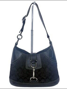 Vintage Coach Hampton Hobo Bag Black Leather Signature Jacquard Purse 10242